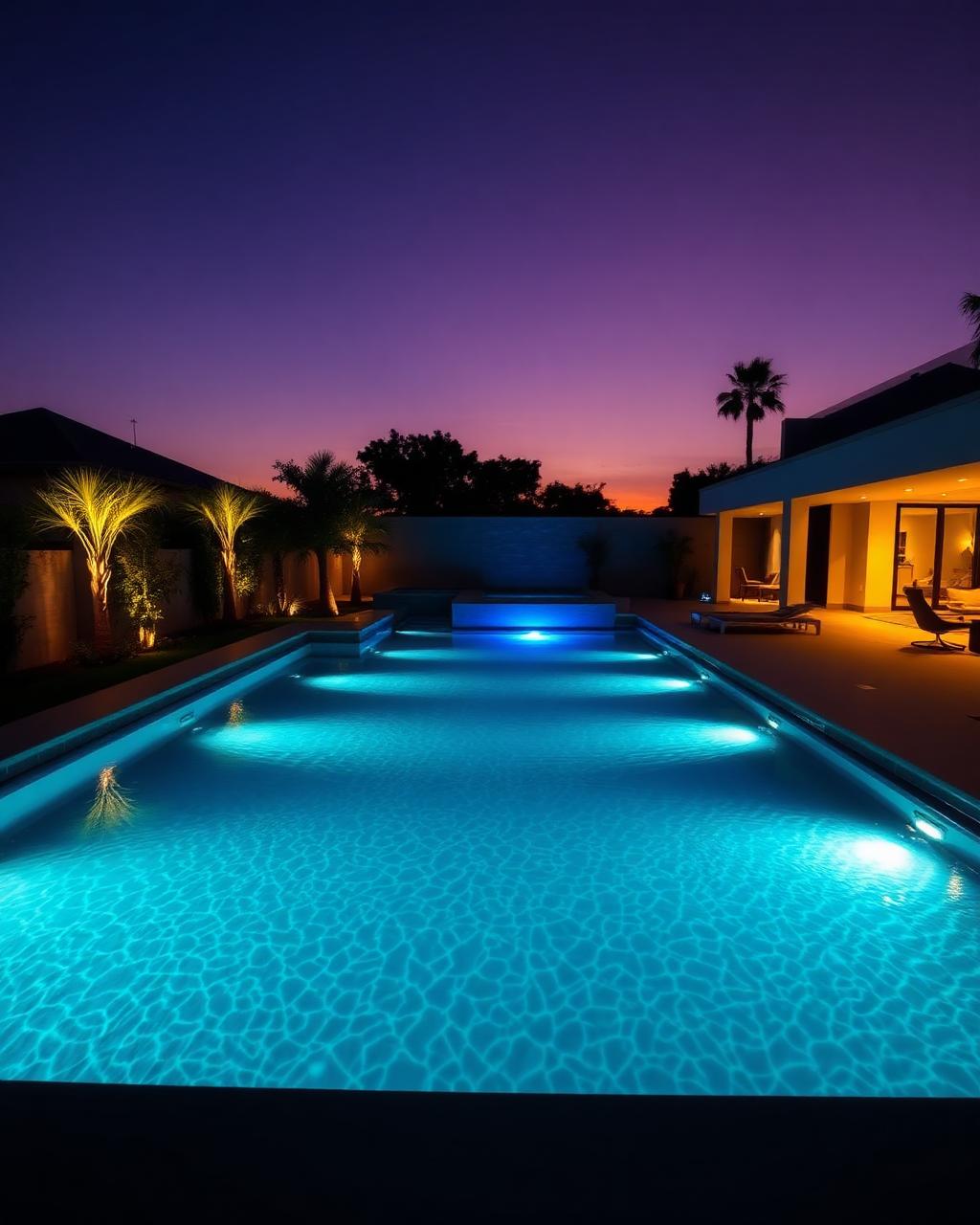 Pool with underwater lights at twilight