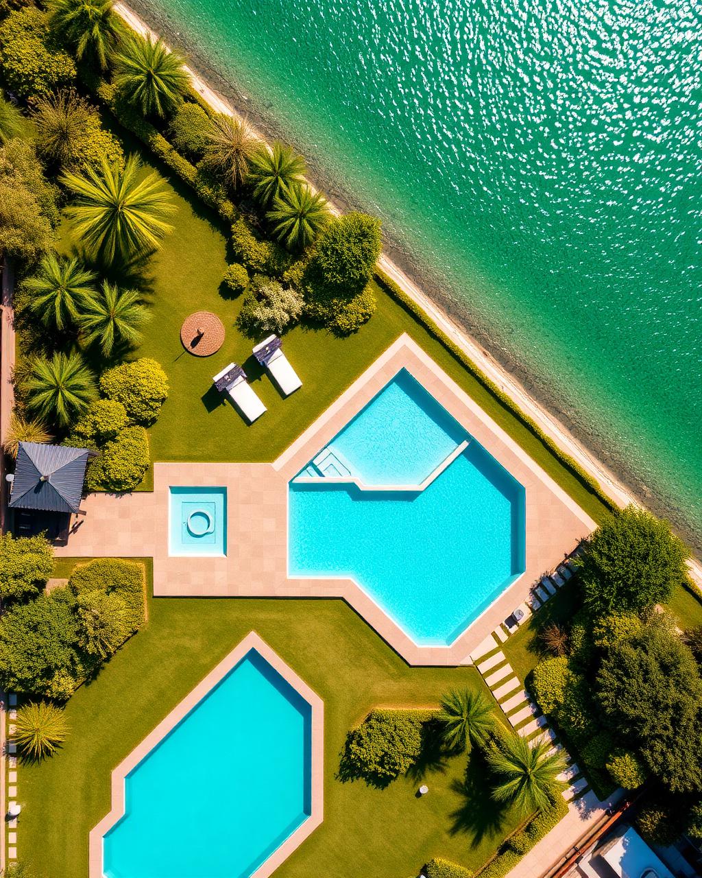 Aerial view of geometric backyard pool