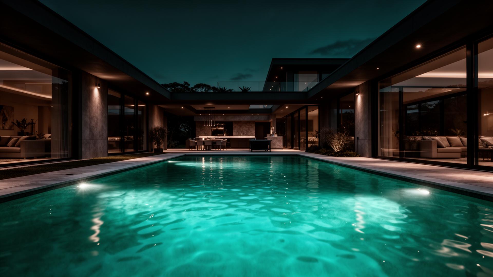 Modern pool at night with glowing turquoise water