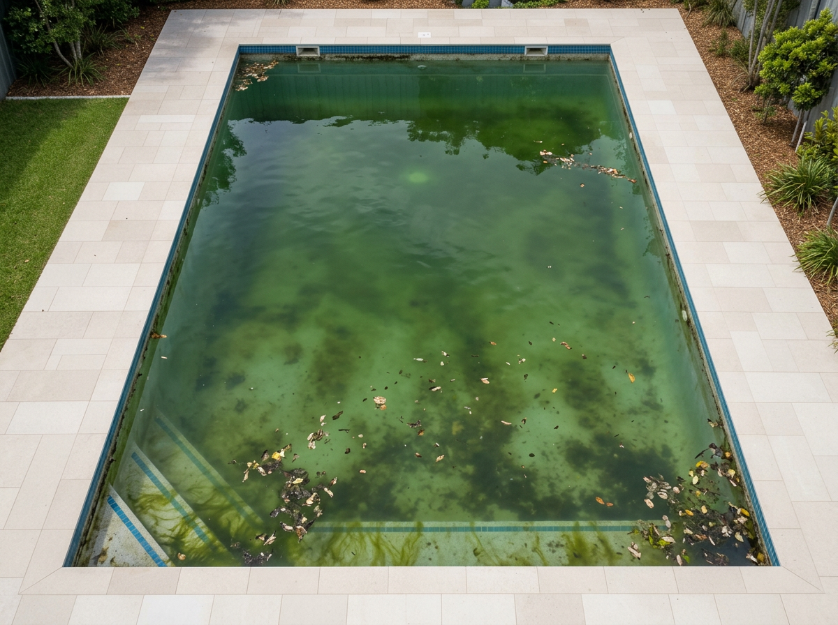 Pool before clean — green murky water