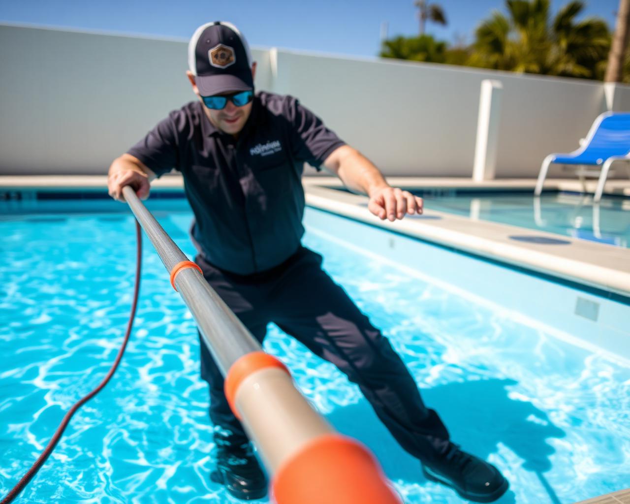 Pool technician with vacuum pole servicing a clean pool